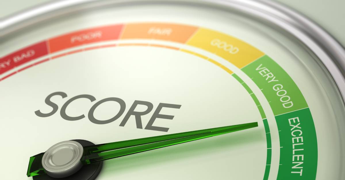 A credit score gauge ranging from red which is very bad to green which is excellent; the green gauge needle points to excellent.